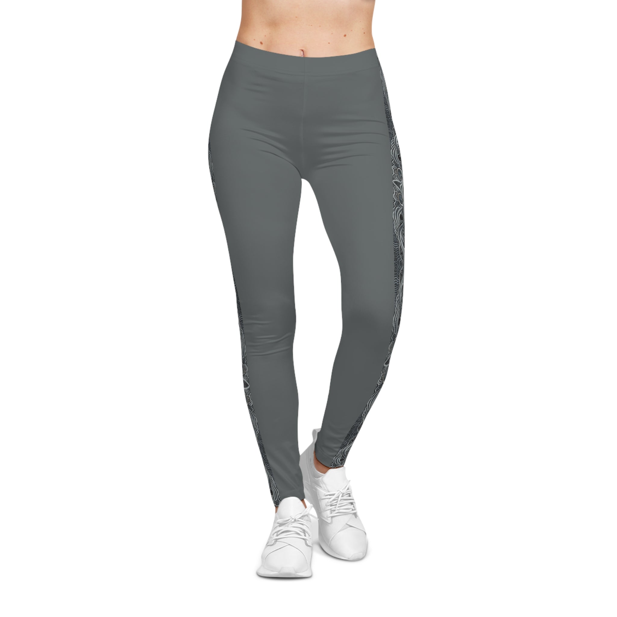 Grey Leggings with Ornate Side Panel — Women's Casual AOP Leggings