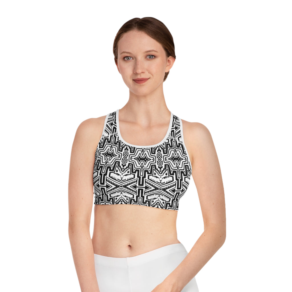 Black & White Tribal Pattern Sports Bra — Aztec-Inspired Activewear #y54333456