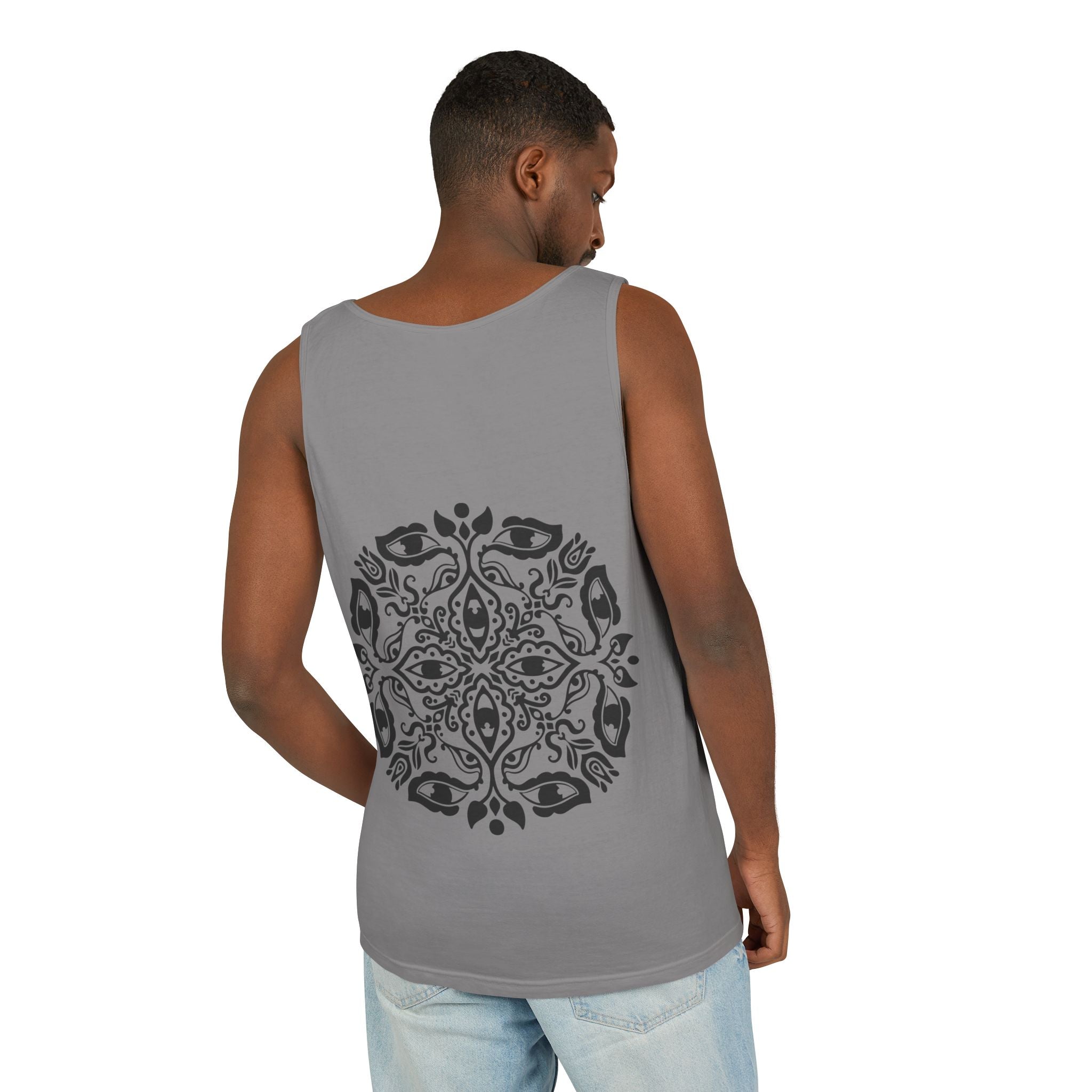 Boho Mandala Tank Top — Black Floral Circular Graphic Tank #fr3