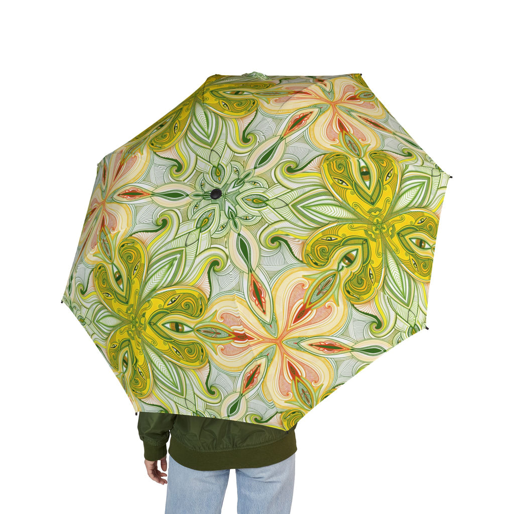 Floral Kaleidoscope Foldable Umbrella – Green & Peach Semi-Automatic Travel Umbrella #a11