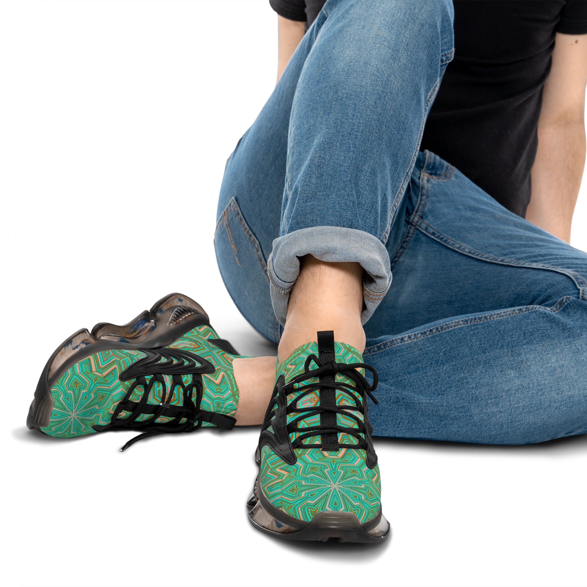 Green Geometric Mesh Sneakers — Men's Athletic Shoes with Kaleidoscope Pattern #khf87656