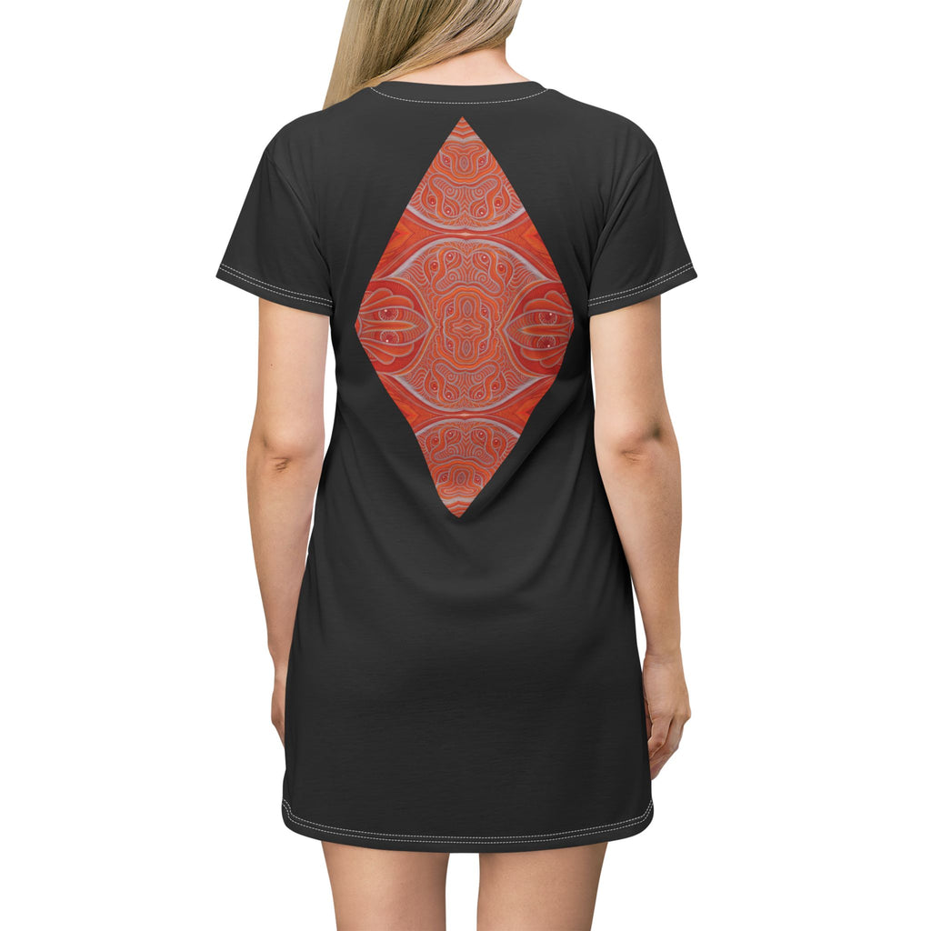 T-Shirt Dress — Orange Geometric Star & Diamond Print #kd0325