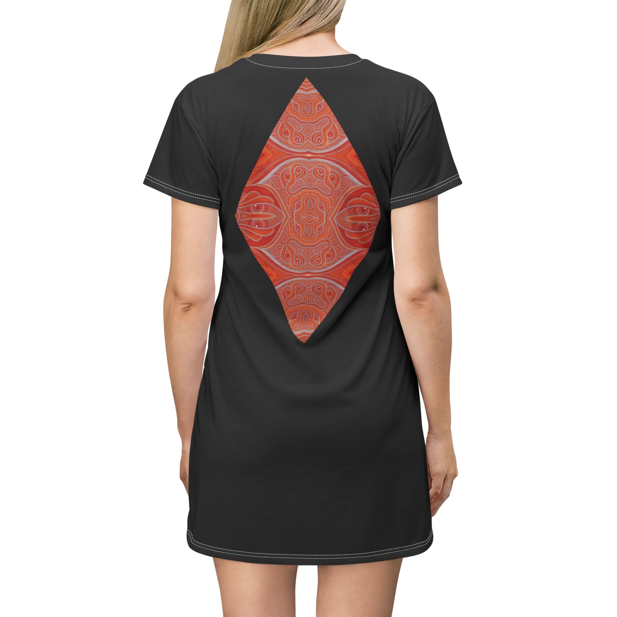 T-Shirt Dress — Orange Geometric Star & Diamond Print #kd0325