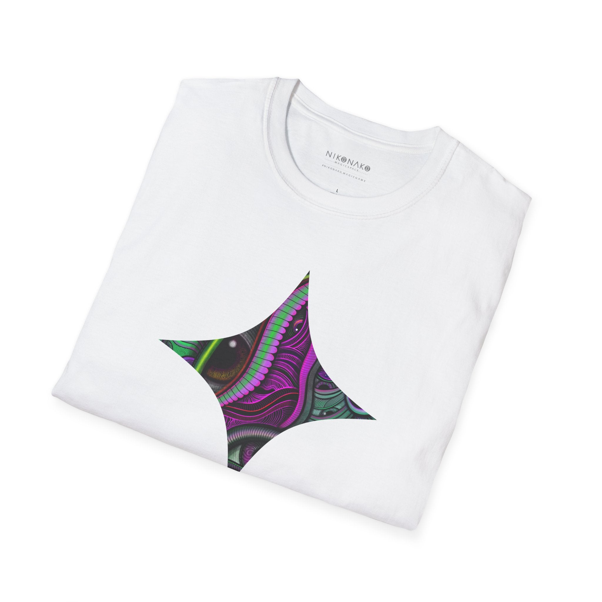 Psychedelic Eye Graphic T-Shirt — Abstract Purple & Green Starburst Circle Design. #ts6