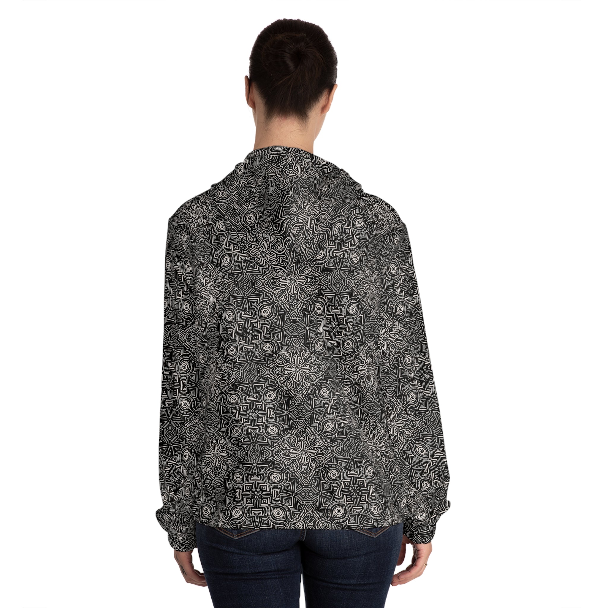Patterned Women’s Zip Hoodie — Black Geometric All-Over Print #s2345522
