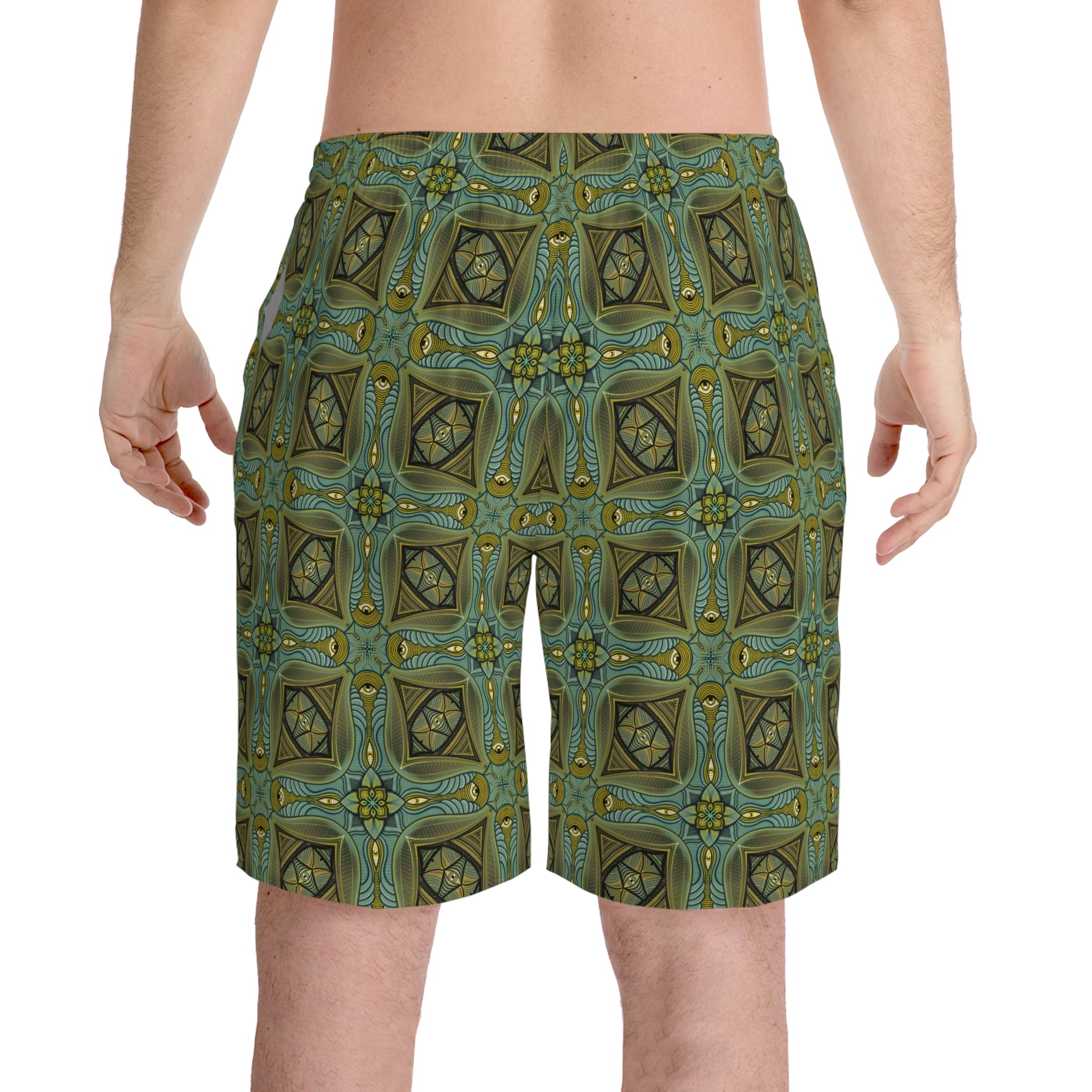 Men's Patterned Beach Shorts — Olive Geometric Kaleidoscope Print #h8764789