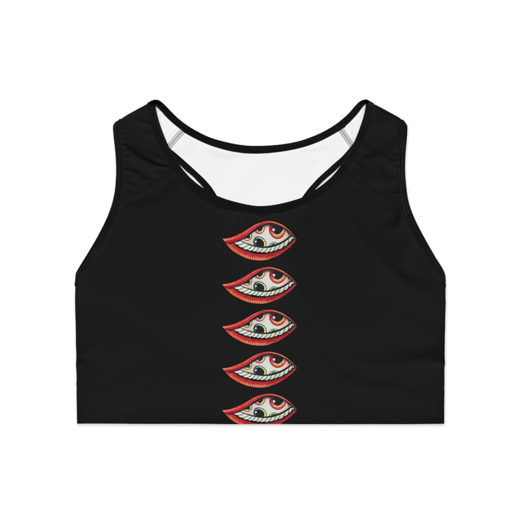 Eye Stack Sports Bra — Black Graphic Racerback Activewear #775368