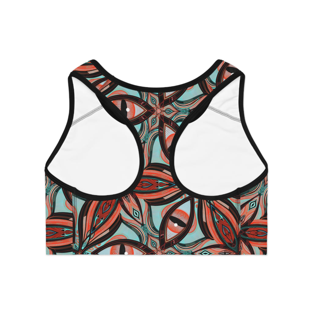 Retro Floral Kaleidoscope Sports Bra — Bold Red & Teal All-Over-Print #ugf826149