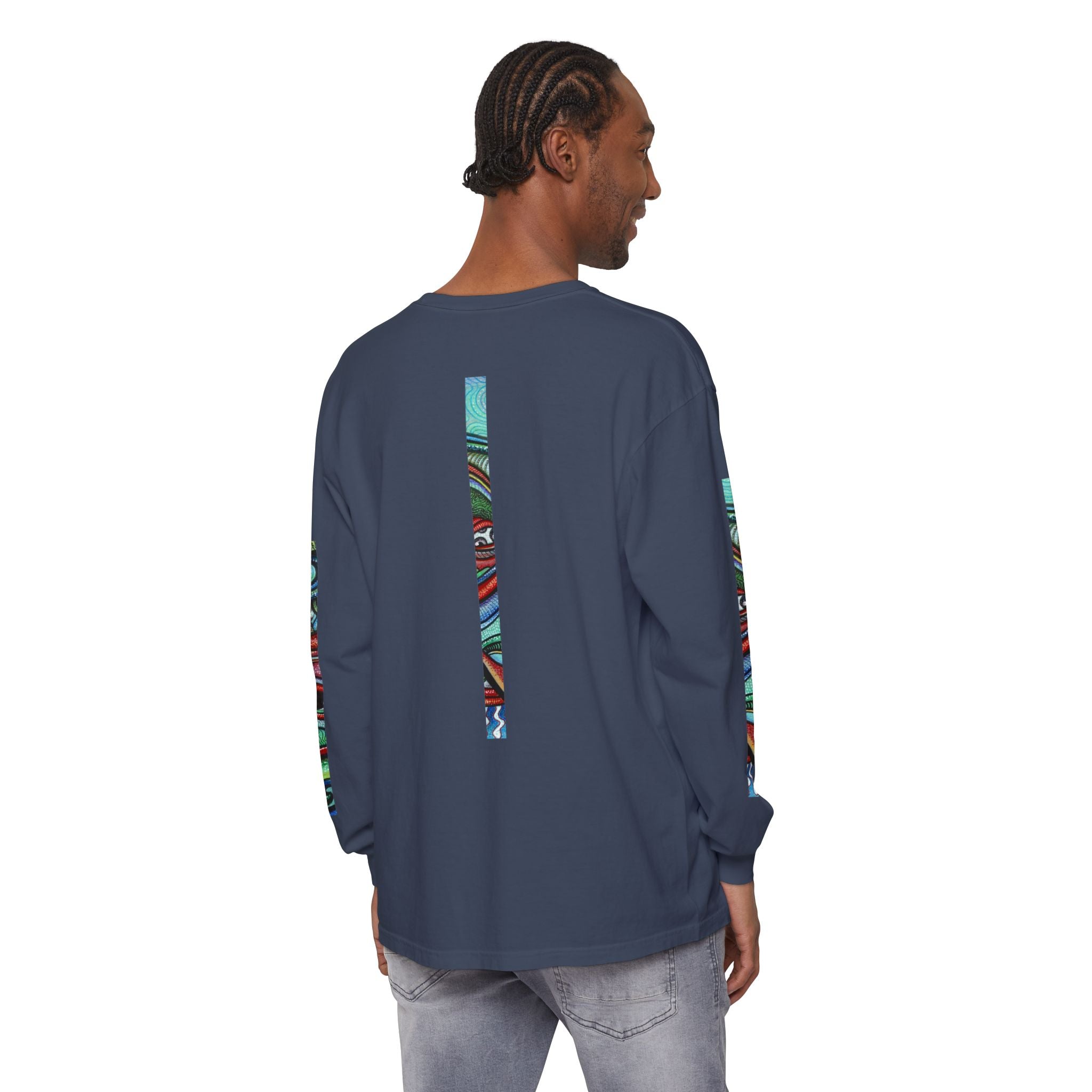 Psychedelic Starburst Long Sleeve Tee — Colorful Eye & Sleeve Stripe Design #k976344