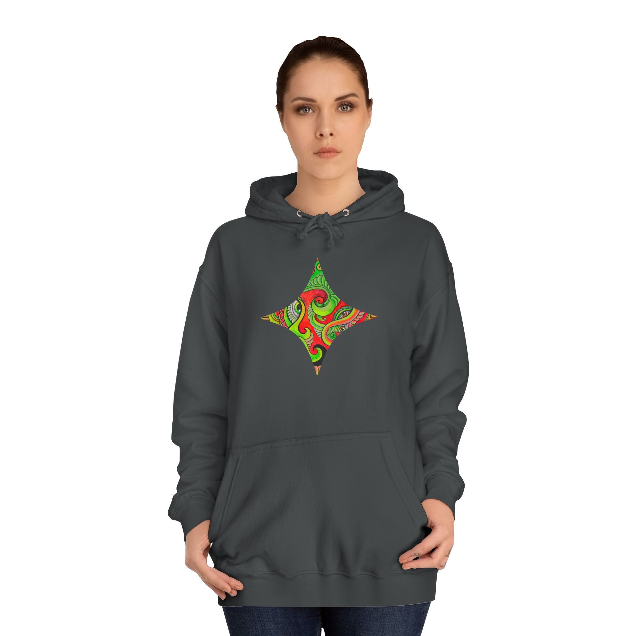 Psychedelic Swirl Hoodie — Retro Green & Red Abstract Graphic #f987456