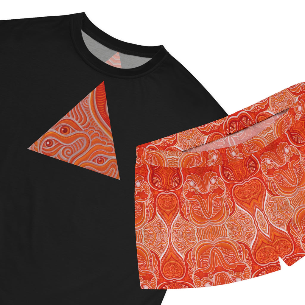 Women's Geometric Triangle Pajama Set — Orange Kaleidoscope Sleep Shorts & Tee #y77428