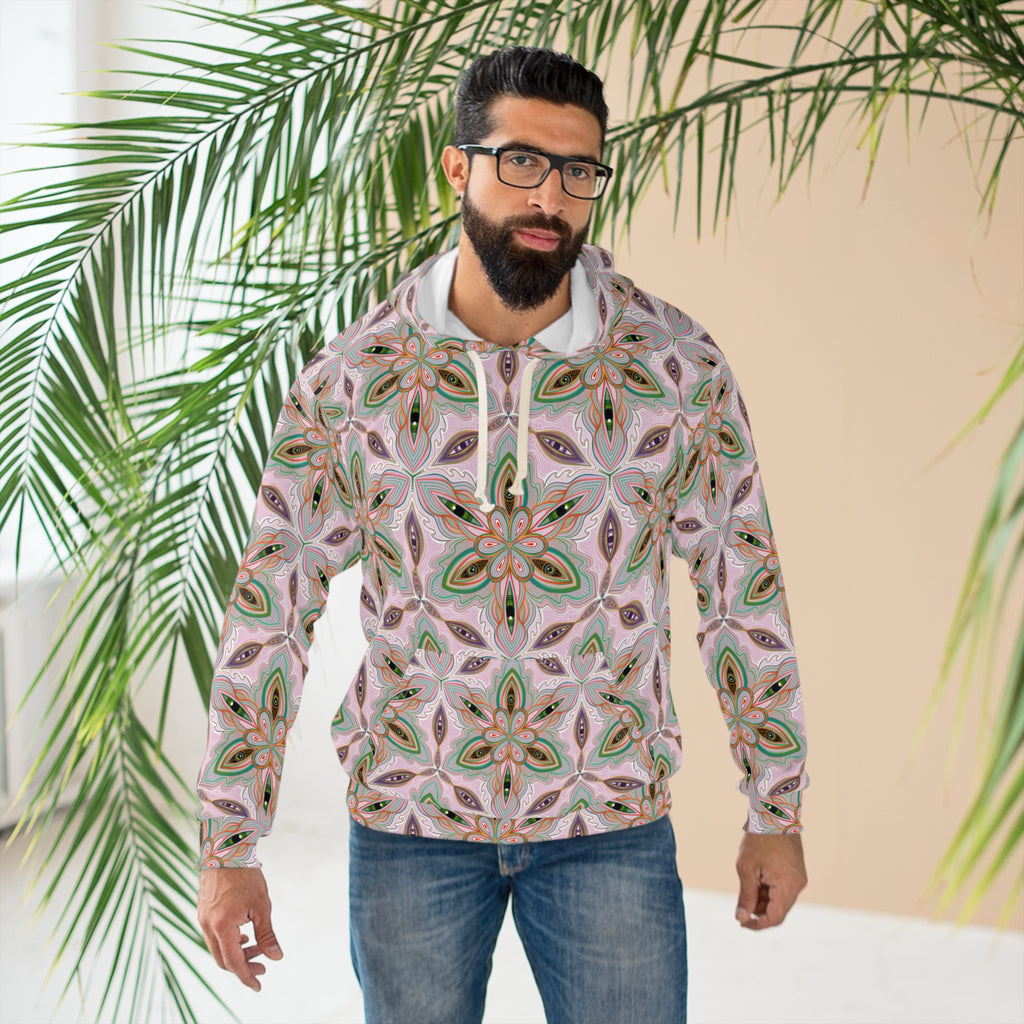 Pink Green Floral Kaleidoscope Hoodie — All-Over-Print Boho Pattern Pullover #as5682