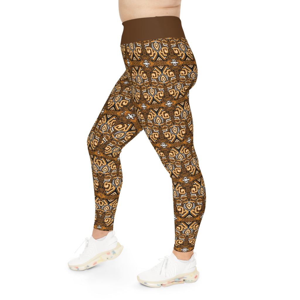 Plus Size Aztec Pattern Leggings — Brown Tribal All-Over Print #fdg6598
