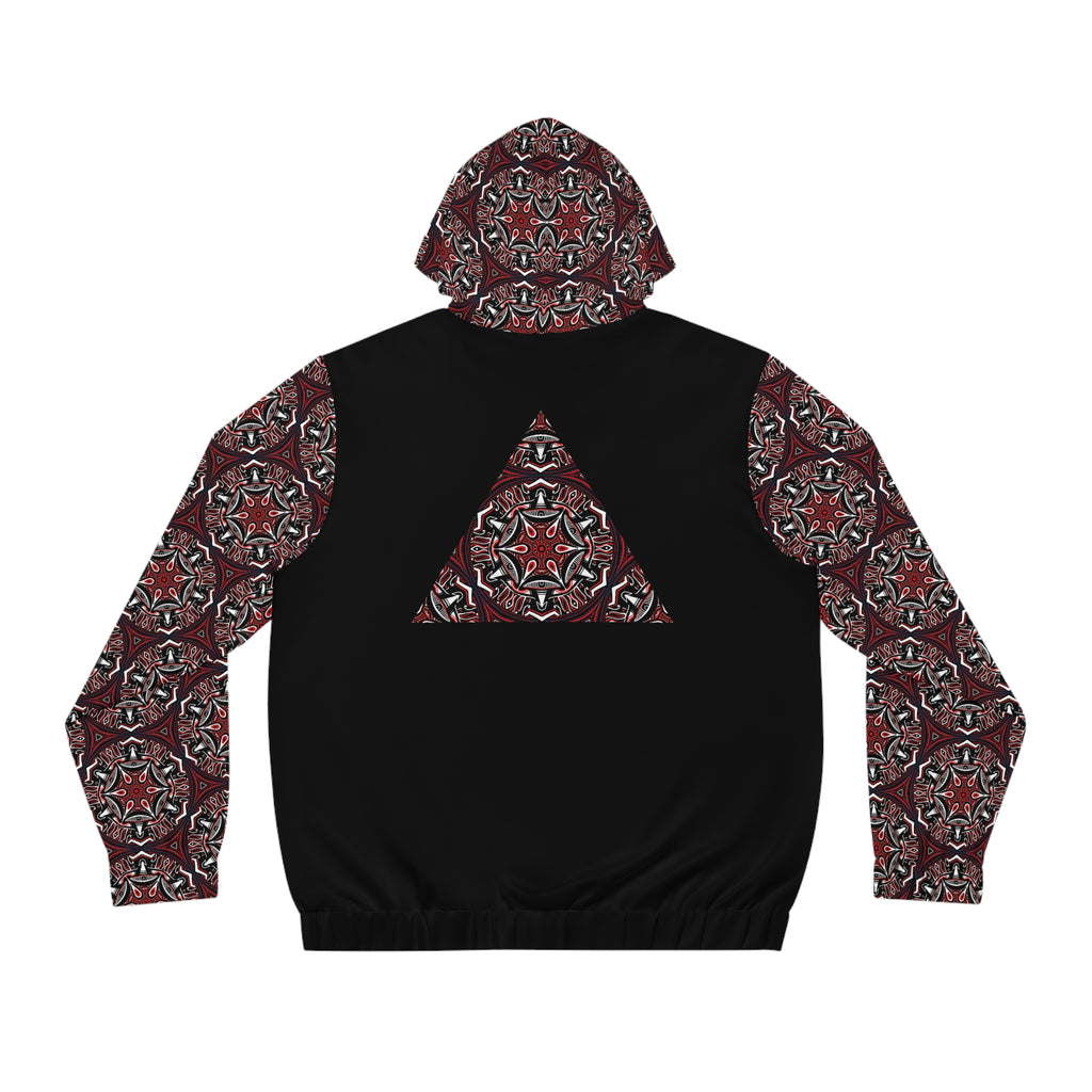 Men's Full-Zip Hoodie — Geometric Red Kaleidoscope Pattern #h764468