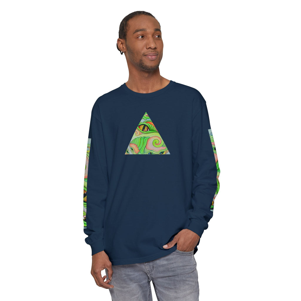 Psychedelic Green Triangle Long Sleeve Tee — Tribal Star Sleeve Artwork #gf086357