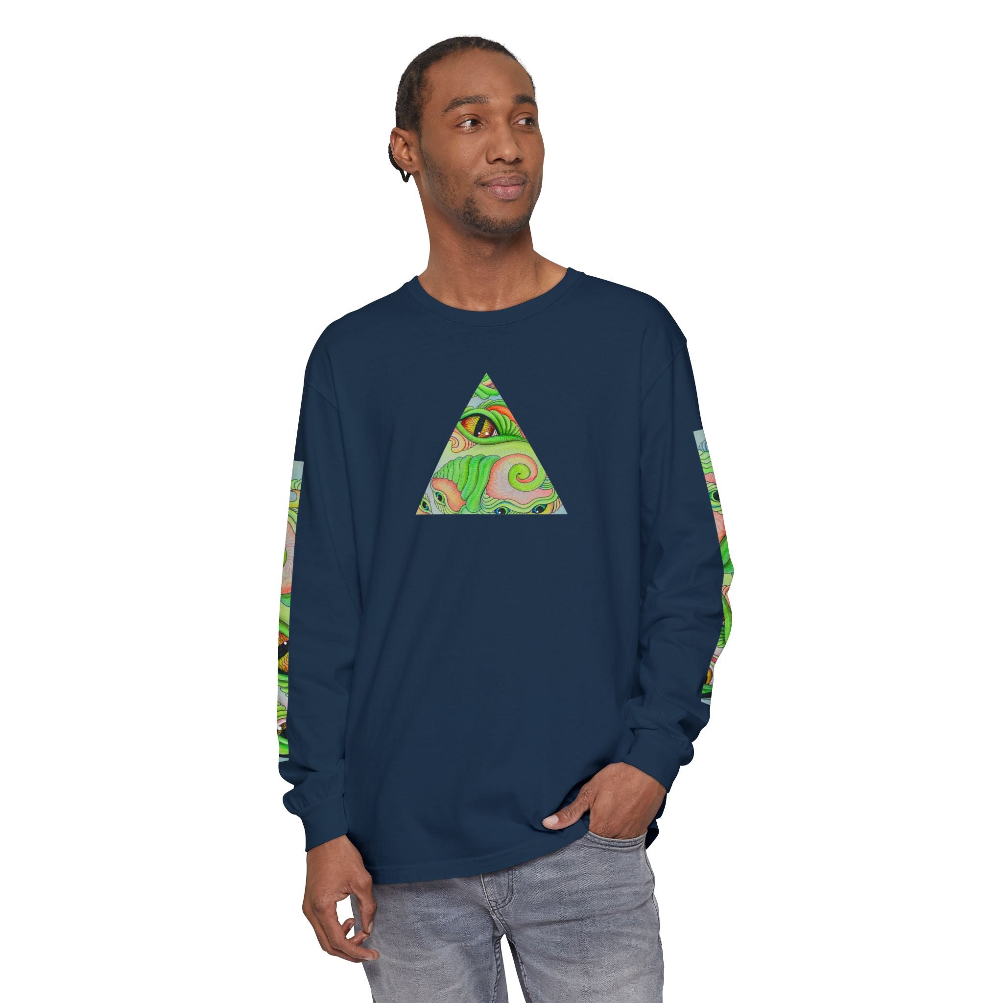 Psychedelic Green Triangle Long Sleeve Tee — Tribal Star Sleeve Artwork #gf086357