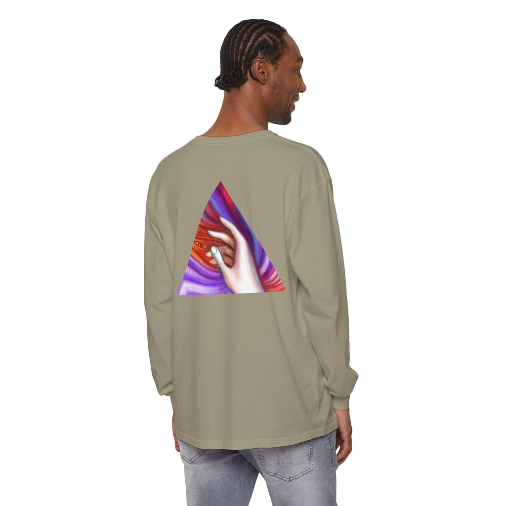 Long Sleeve T-Shirt — Triangular Hand Art Graphic (White) #sh26774
