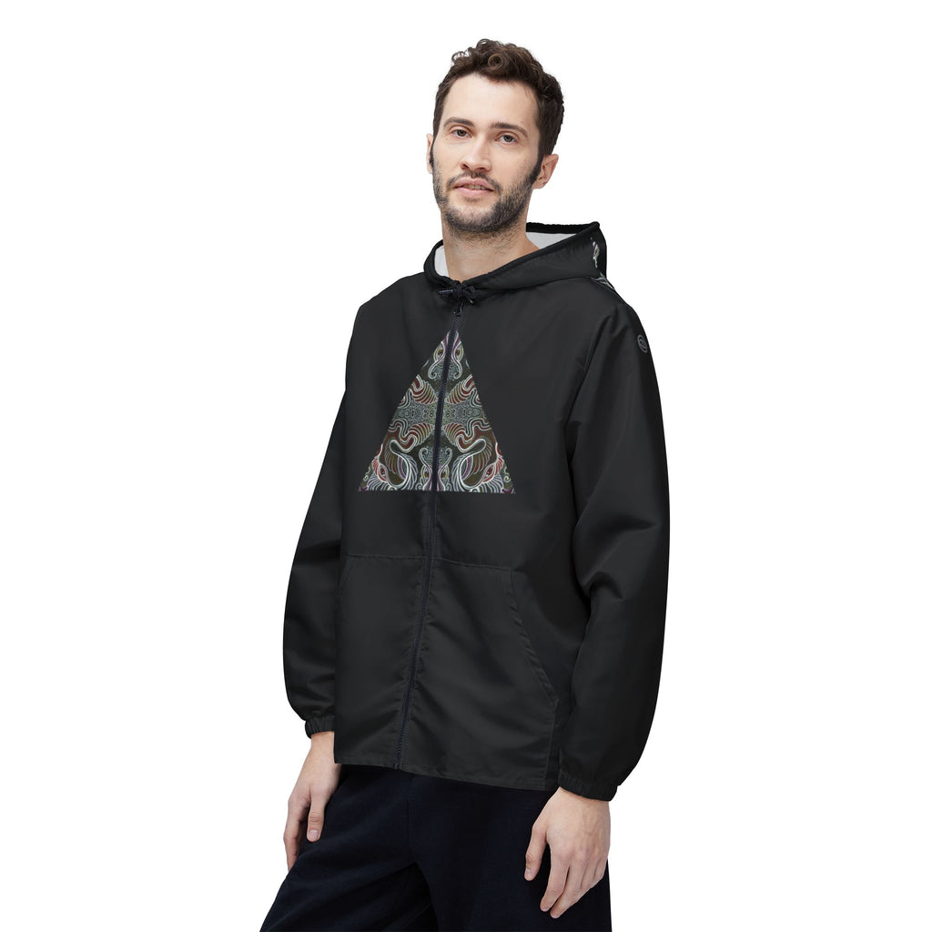 Abstract Triangle Pattern Windbreaker Jacket — Geometric Tribal Print Hooded Jacket #wj3421