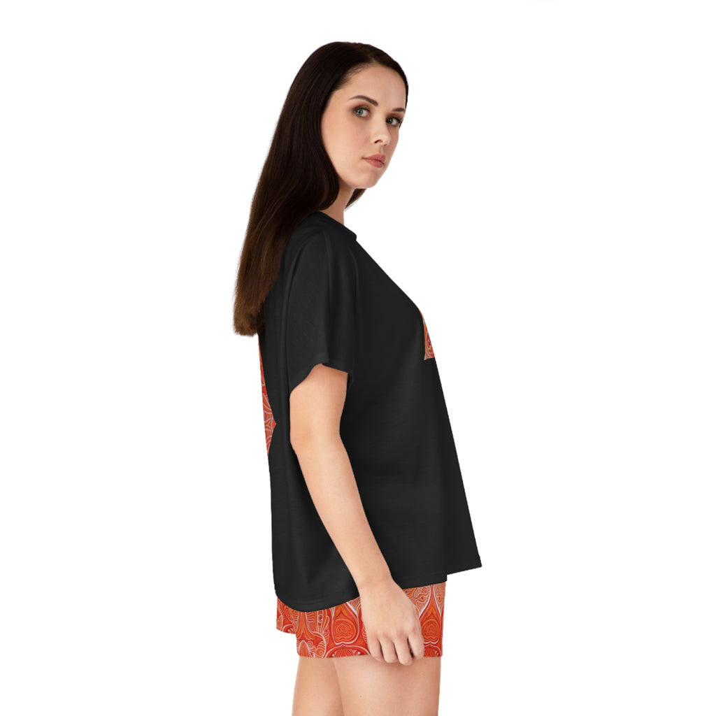 Women's Geometric Triangle Pajama Set — Orange Kaleidoscope Sleep Shorts & Tee #y77428