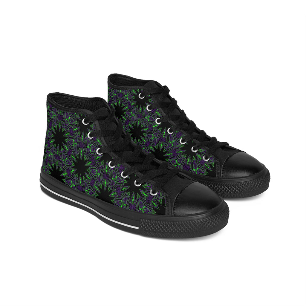 Women's High-Top Sneakers — Black & Green Floral Kaleidoscope Pattern #gd864