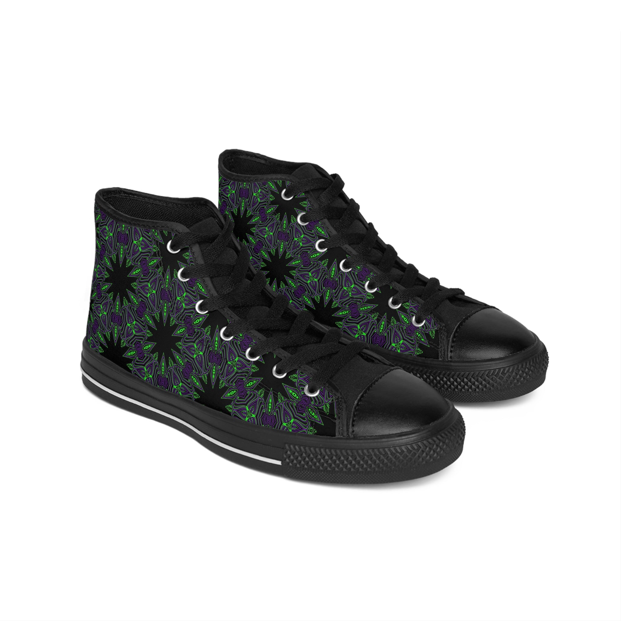 Women's High-Top Sneakers — Black & Green Floral Kaleidoscope Pattern #gd864