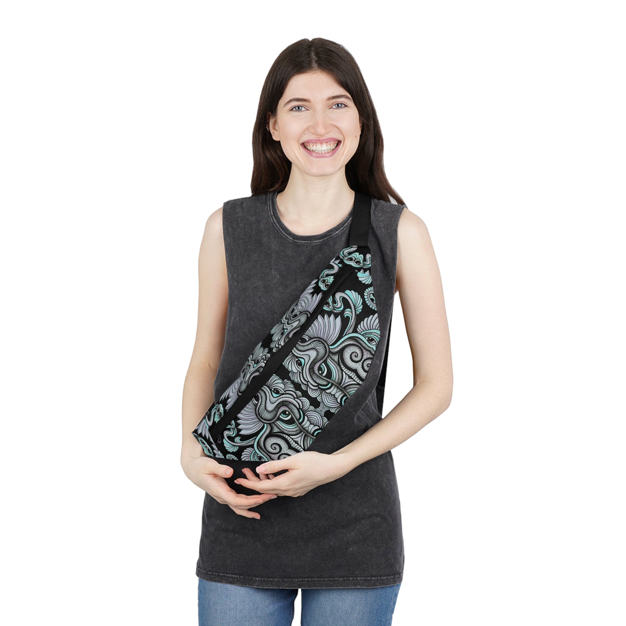 Large Fanny Pack — Black & Teal Ornate Pattern Waist Bag #wp23