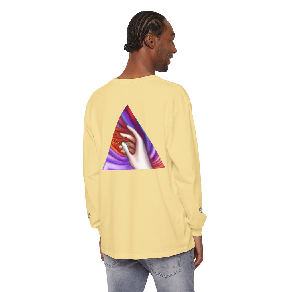 Long Sleeve T-Shirt — Triangular Hand Art Graphic (White) #sh26774