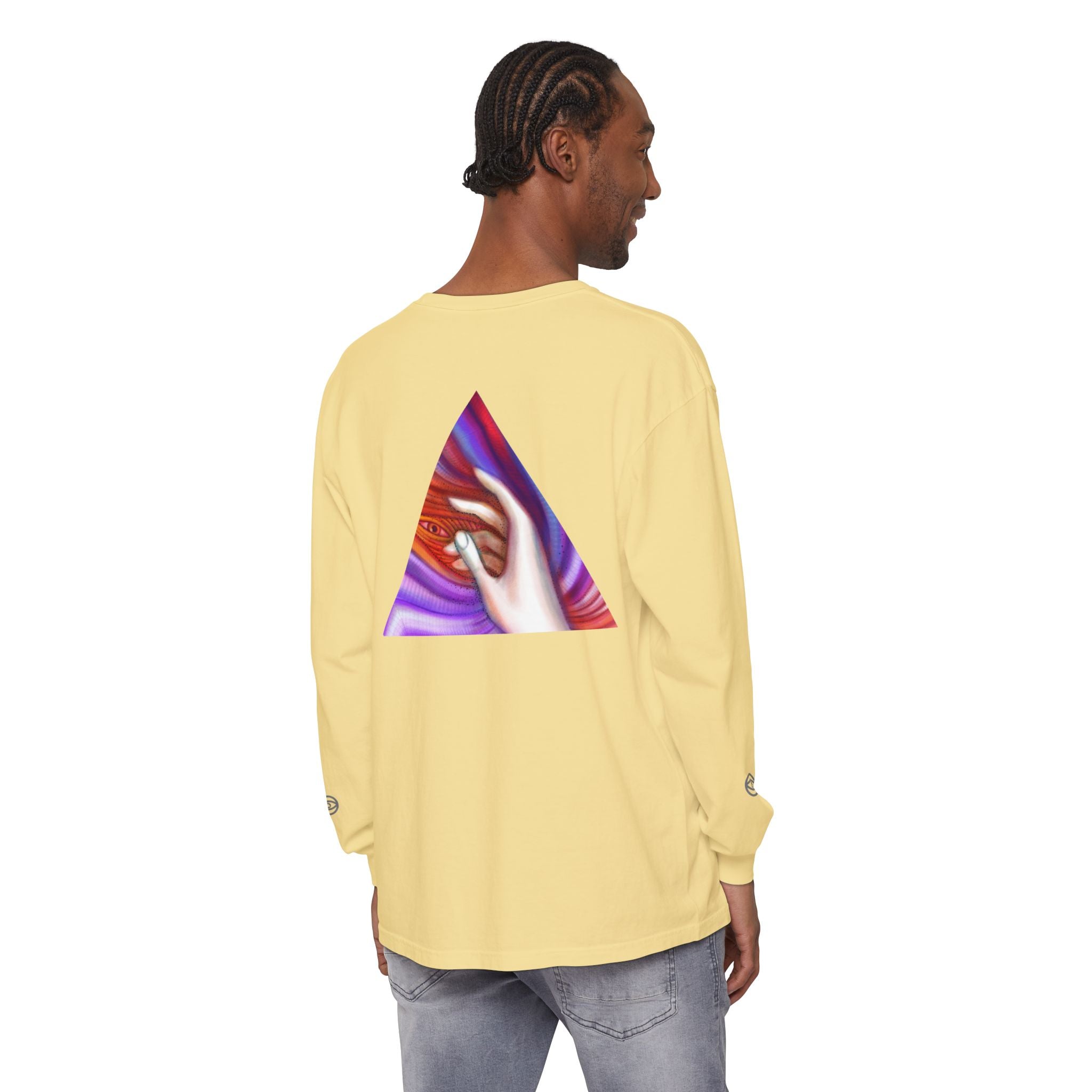 Long Sleeve T-Shirt — Triangular Hand Art Graphic (White) #sh26774
