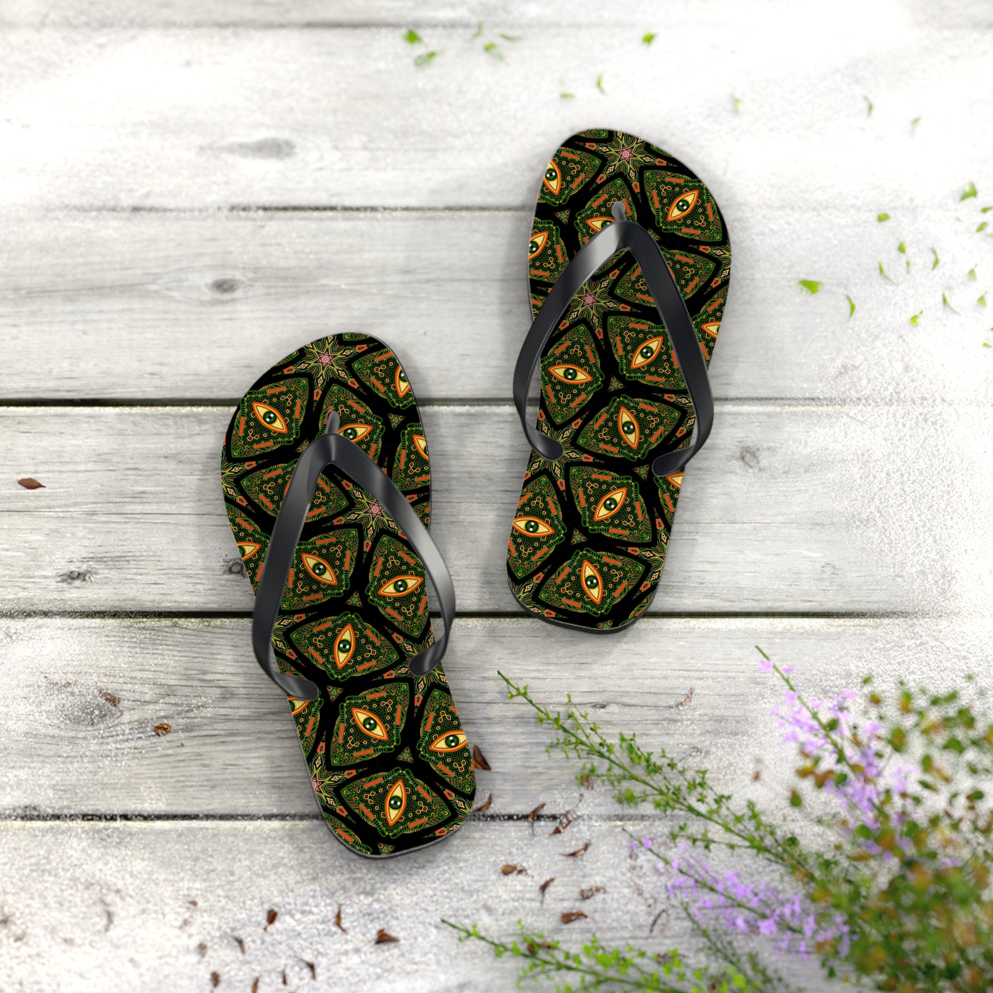 Kaleidoscope Green Pattern Flip Flops — Boho Summer Beach Sandals #k9753