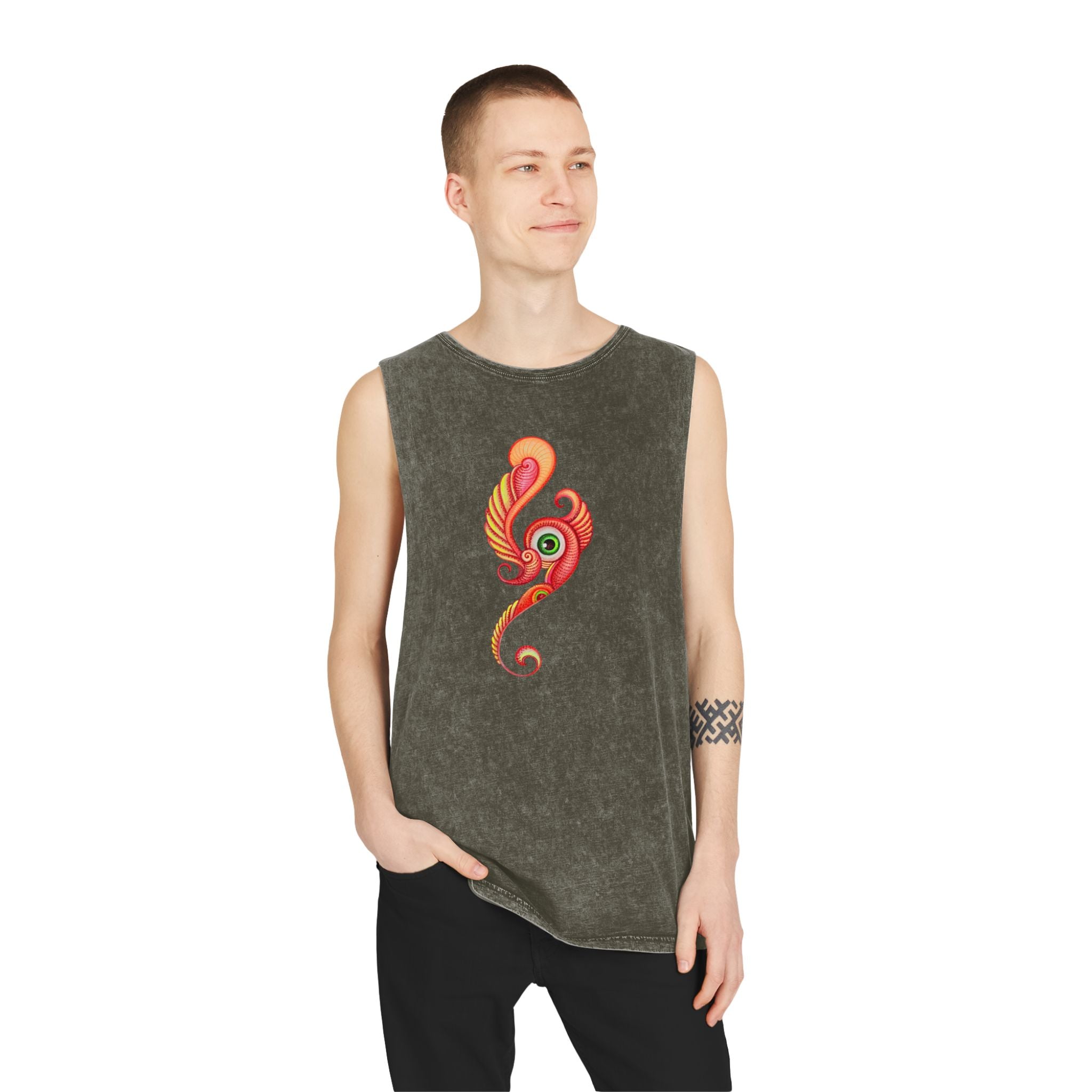 Stonewash Tank Top with Vibrant Abstract Feather Design #rgy3566