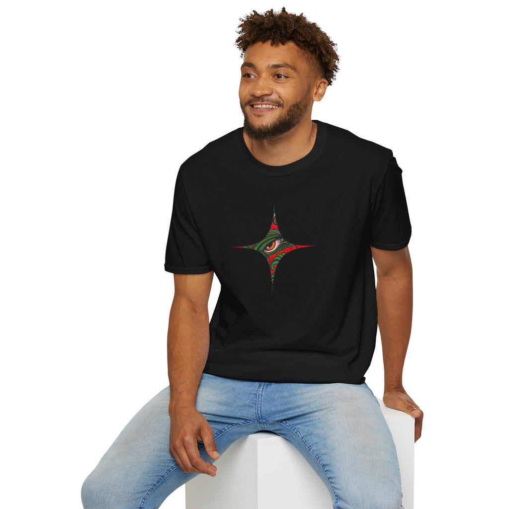 Geometric Tribal Eye Tee — Abstract Red & Green Triangle Graphic T-Shirt #sx432177
