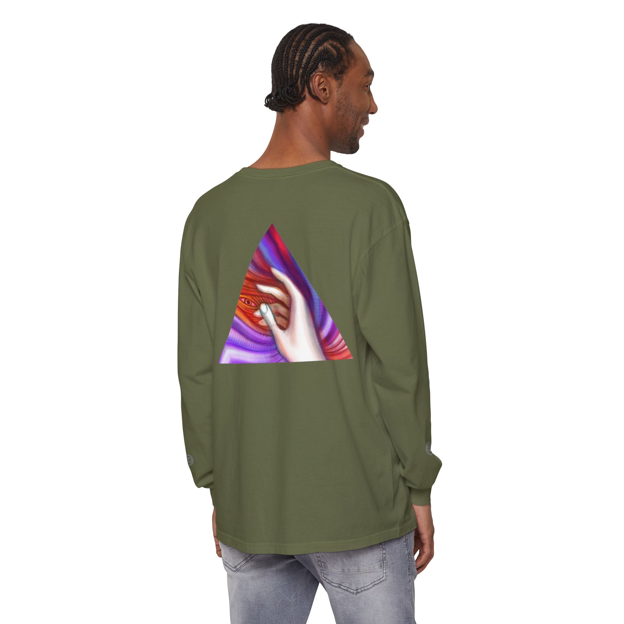 Long Sleeve T-Shirt — Triangular Hand Art Graphic (White) #sh26774
