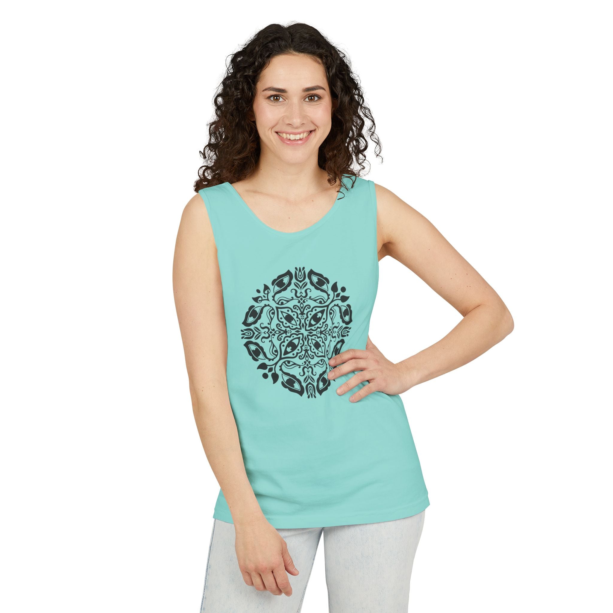Boho Mandala Tank Top — Black Floral Circular Graphic Tank #fr3