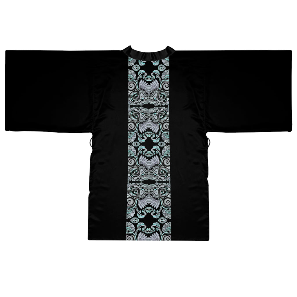 Silk-Feel Black Kimono Robe with Aqua Floral Waves Pattern #kr51