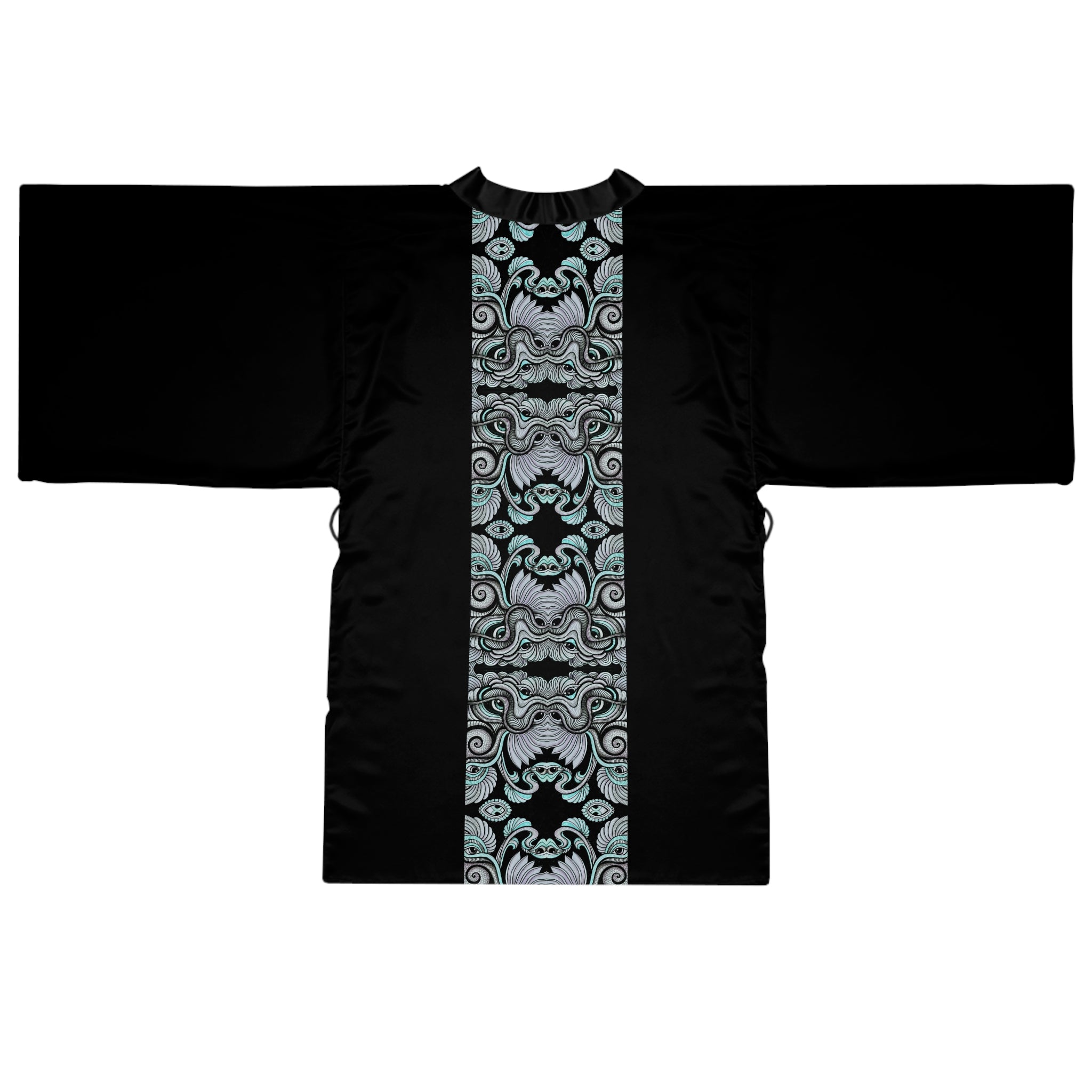 Silk-Feel Black Kimono Robe with Aqua Floral Waves Pattern #kr51