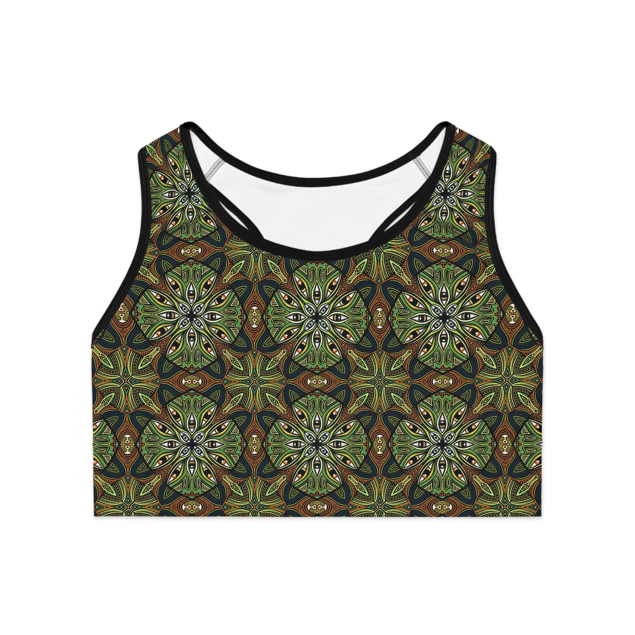 Green Kaleidoscope Sports Bra — All-Over-Print Floral Mandala Activewear #ghh4578