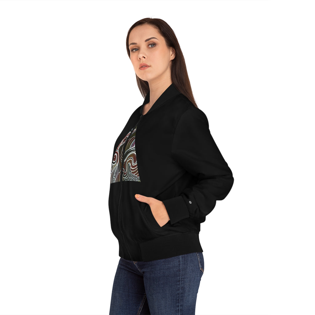 Women’s Black Bomber Jacket with Geometric Tribal Triangle Print #wbb215