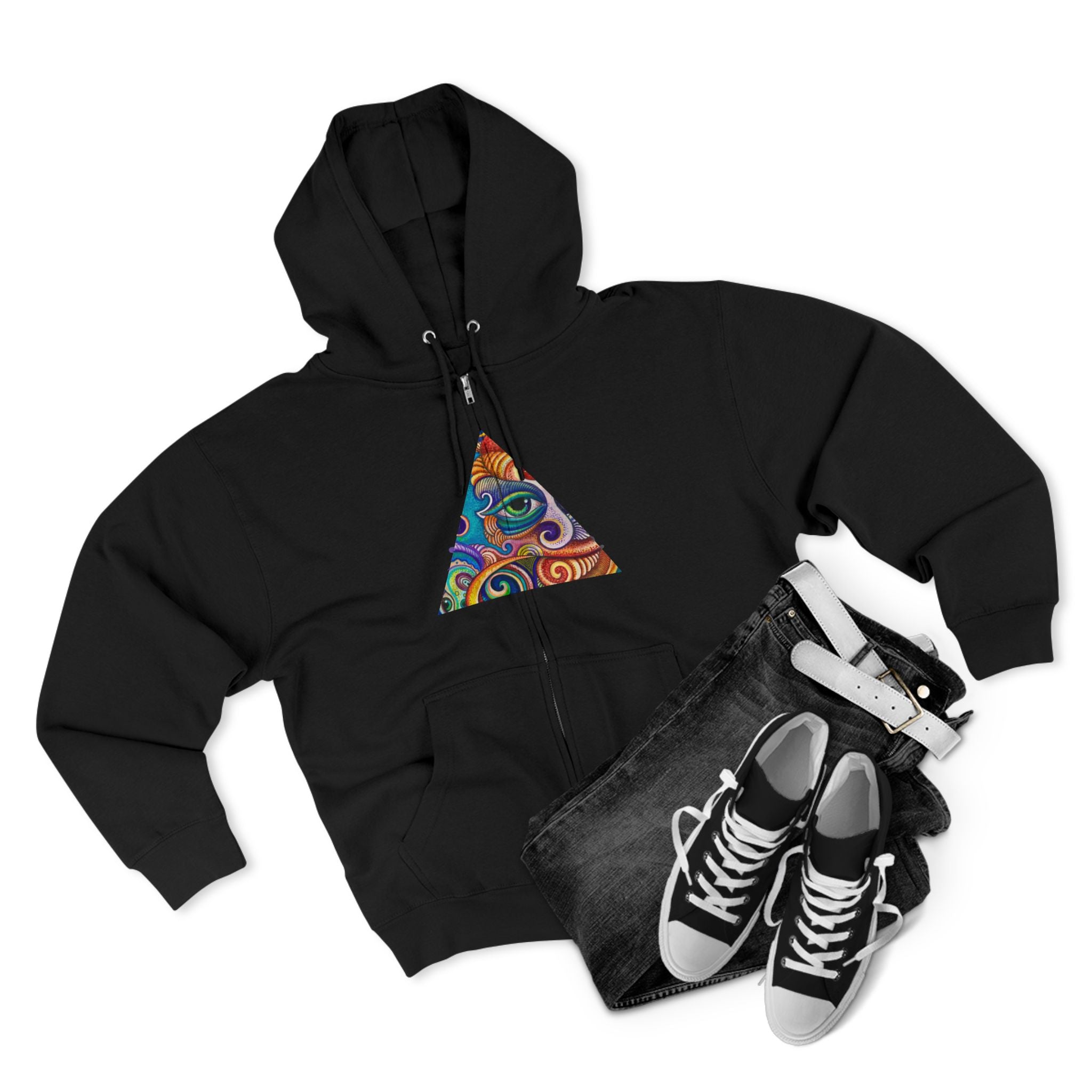 Zip Hoodie with Colorful Psychedelic Triangle & Mandala Back — Vibrant Abstract Art Zip-Up  #cp2680