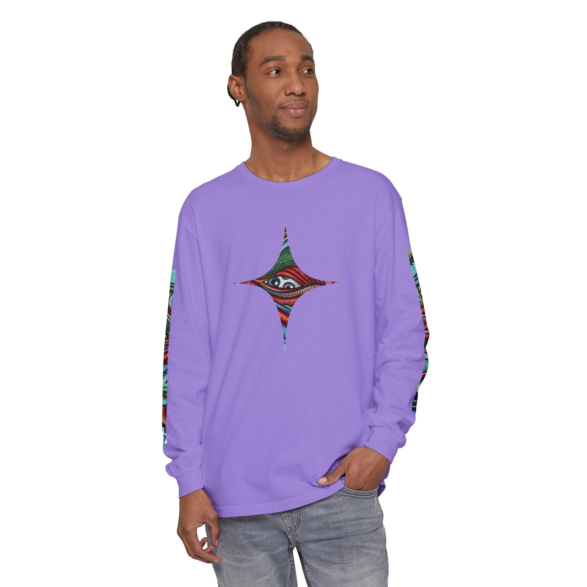 Psychedelic Starburst Long Sleeve Tee — Colorful Eye & Sleeve Stripe Design #k976344