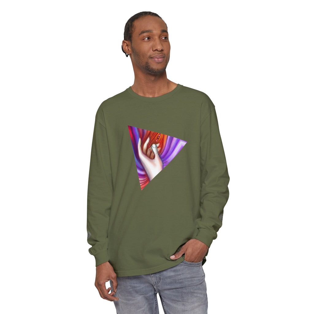 Long Sleeve T-Shirt — Triangular Hand Art Graphic (White) #sh26774