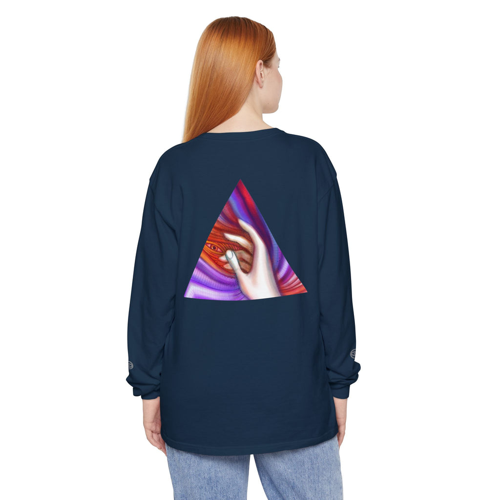 Long Sleeve T-Shirt — Triangular Hand Art Graphic (White) #sh26774