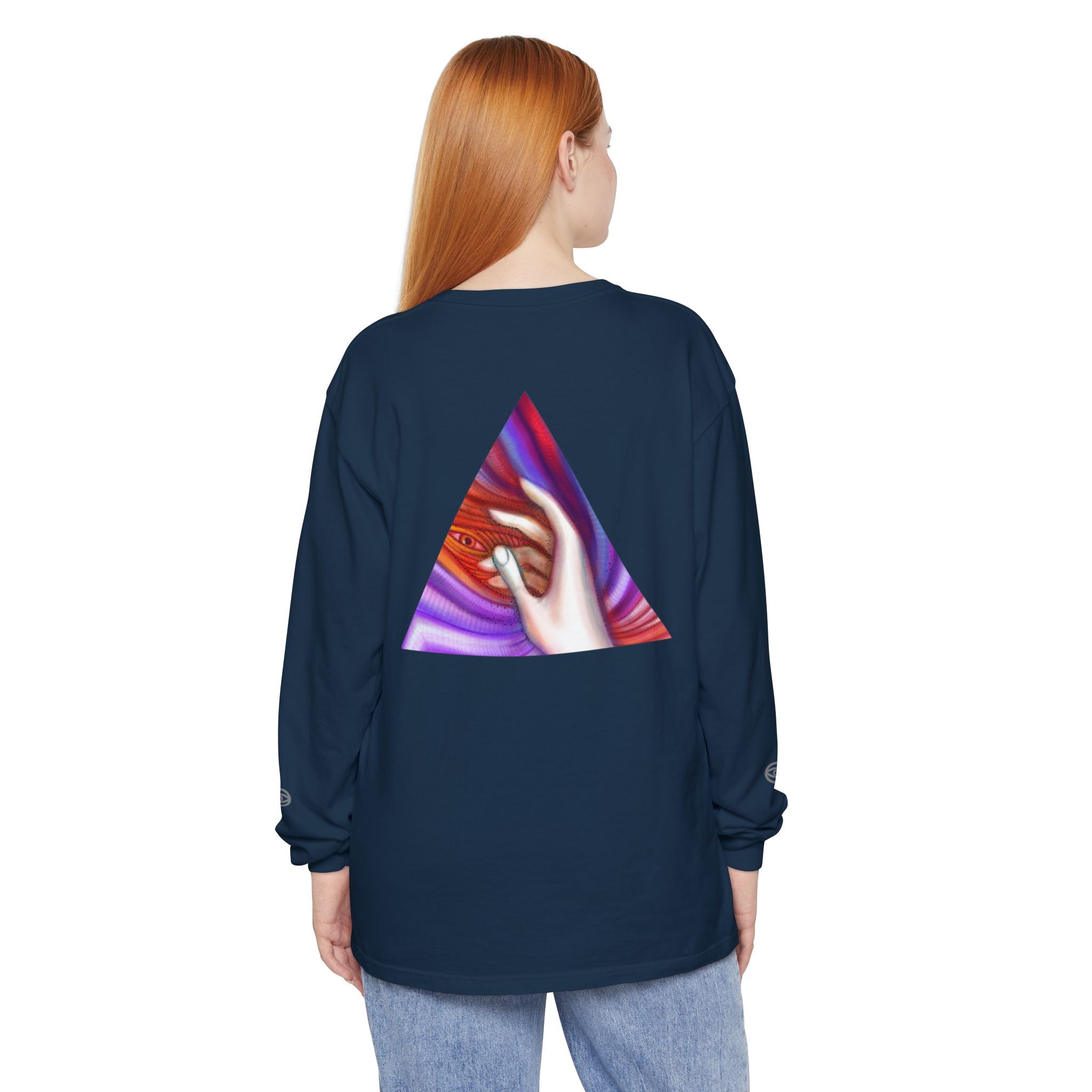 Long Sleeve T-Shirt — Triangular Hand Art Graphic (White) #sh26774