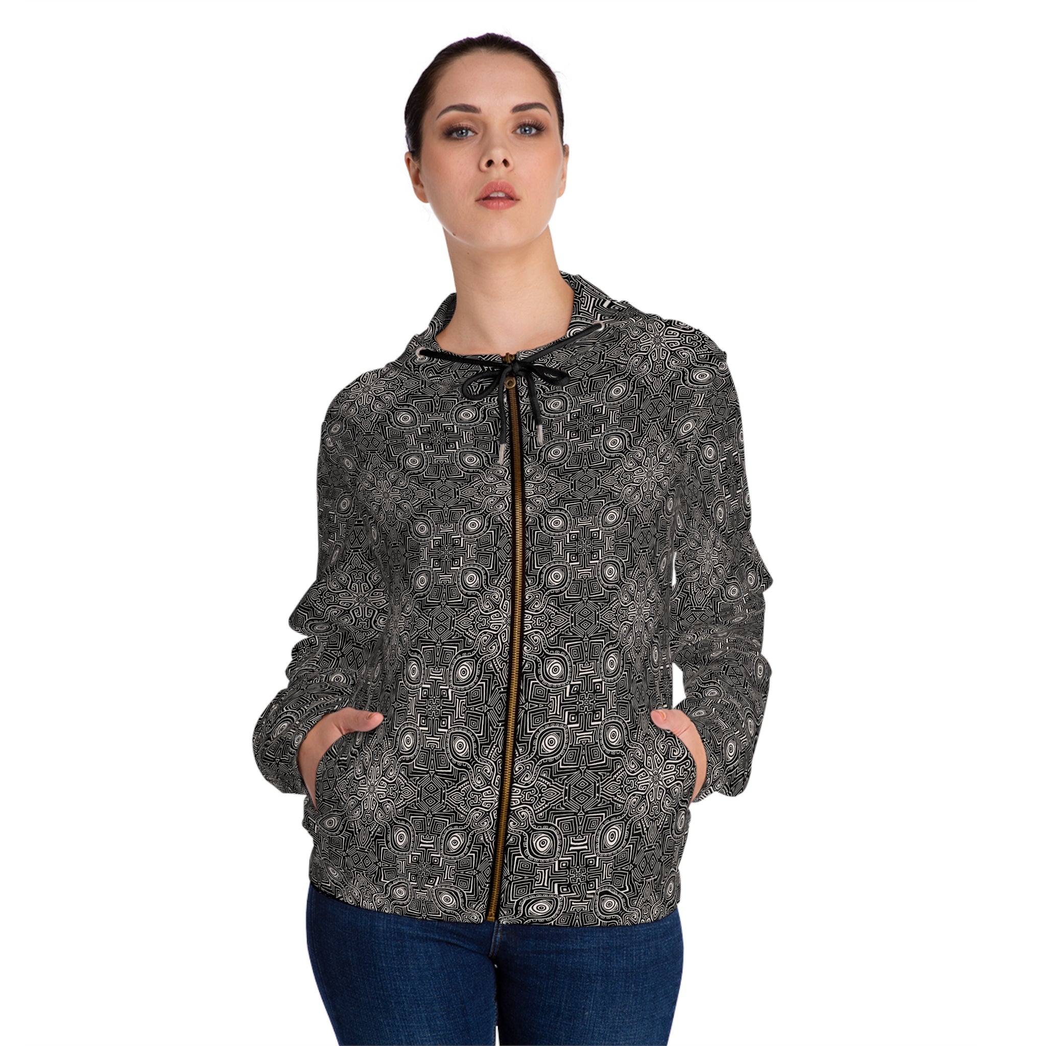 Patterned Women’s Zip Hoodie — Black Geometric All-Over Print #s2345522