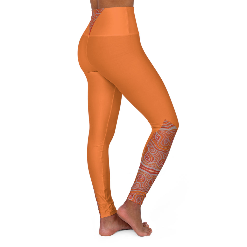 High-Waist Red Yoga Leggings with Orange Swirl Accent — Sculpting Activewear #h97356