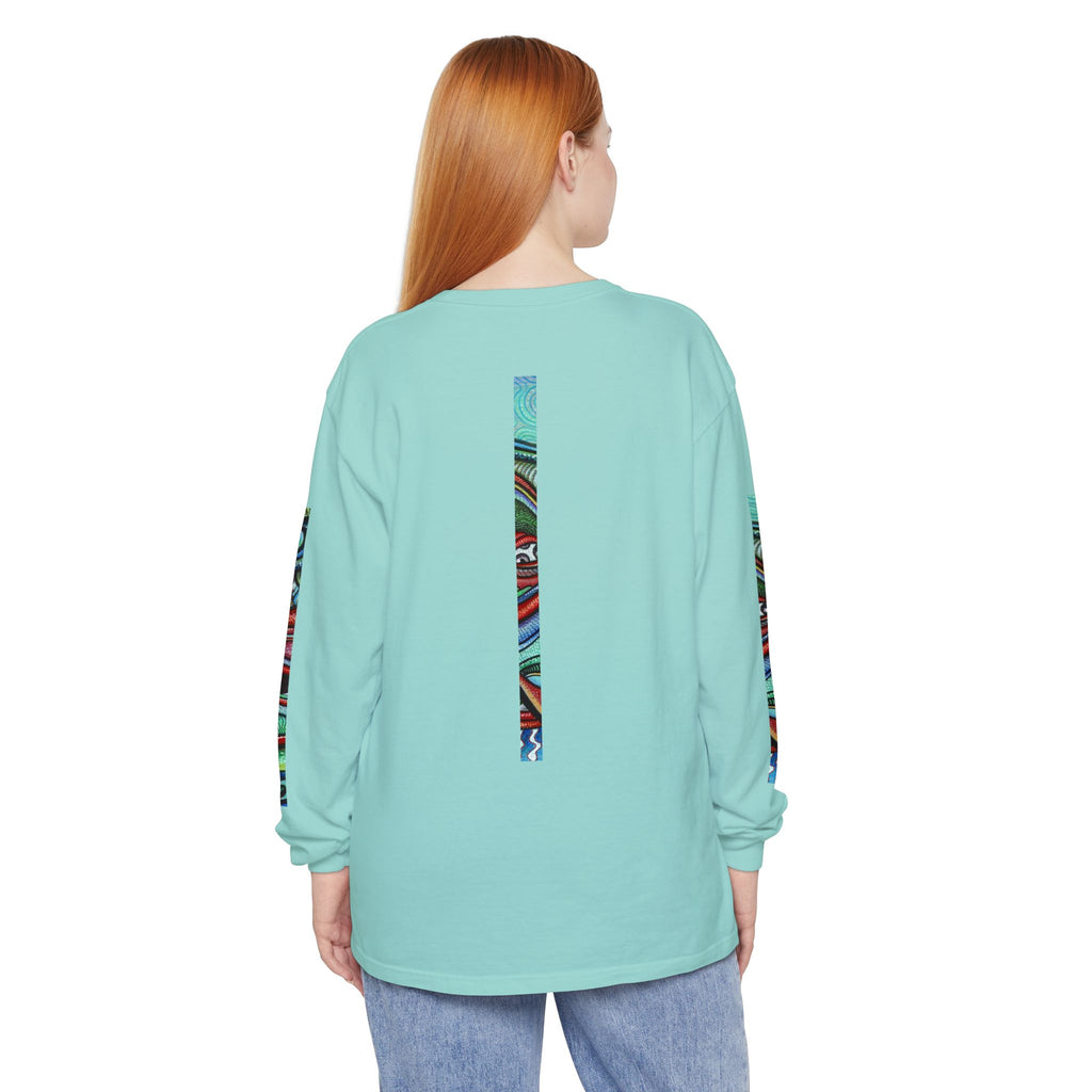Psychedelic Starburst Long Sleeve Tee — Colorful Eye & Sleeve Stripe Design #k976344