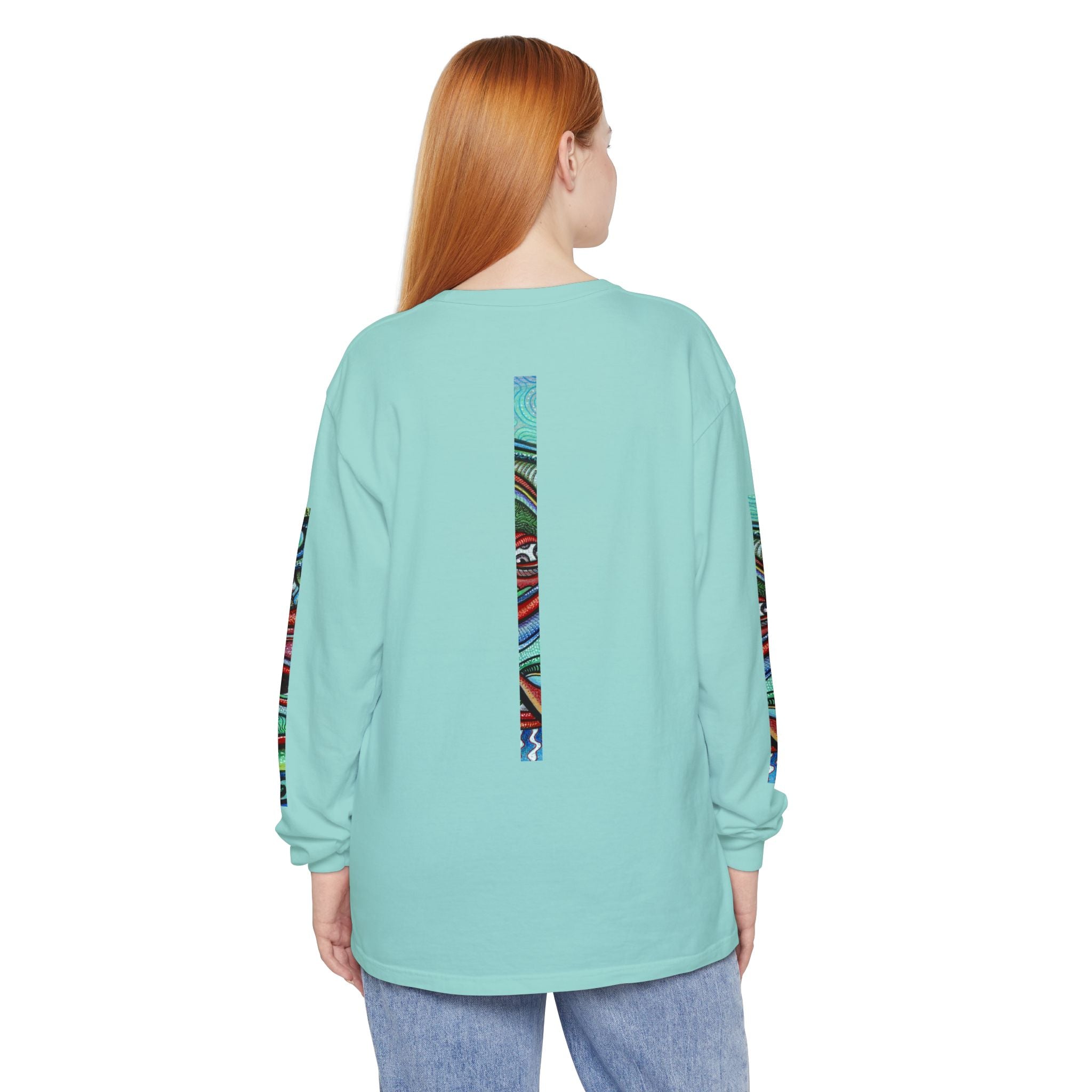 Psychedelic Starburst Long Sleeve Tee — Colorful Eye & Sleeve Stripe Design #k976344