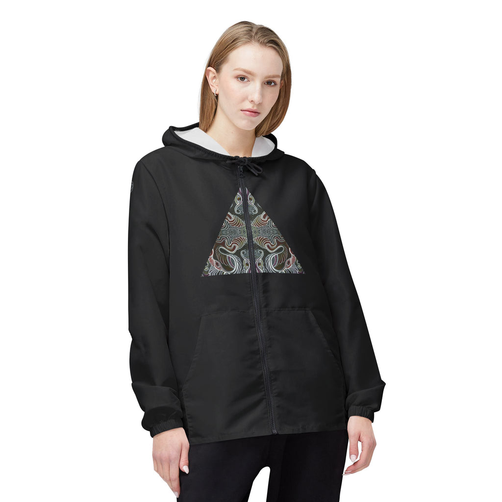 Abstract Triangle Pattern Windbreaker Jacket — Geometric Tribal Print Hooded Jacket #wj3421