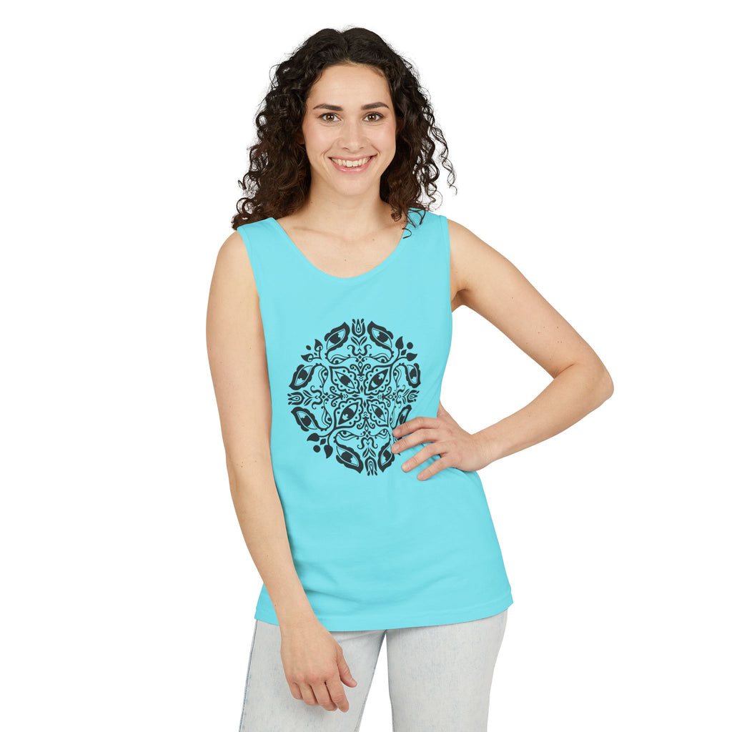 Boho Mandala Tank Top — Black Floral Circular Graphic Tank #fr3