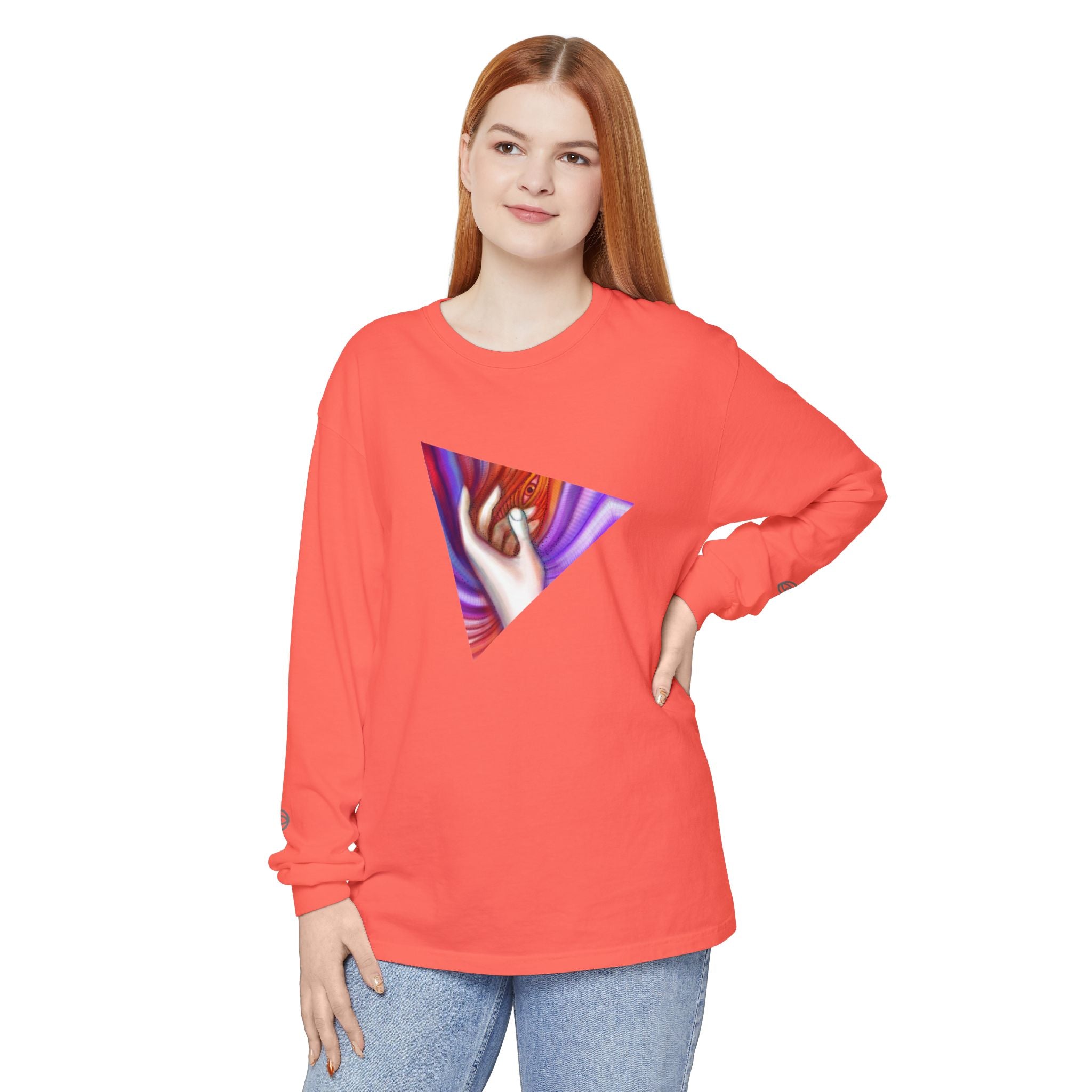 Long Sleeve T-Shirt — Triangular Hand Art Graphic (White) #sh26774