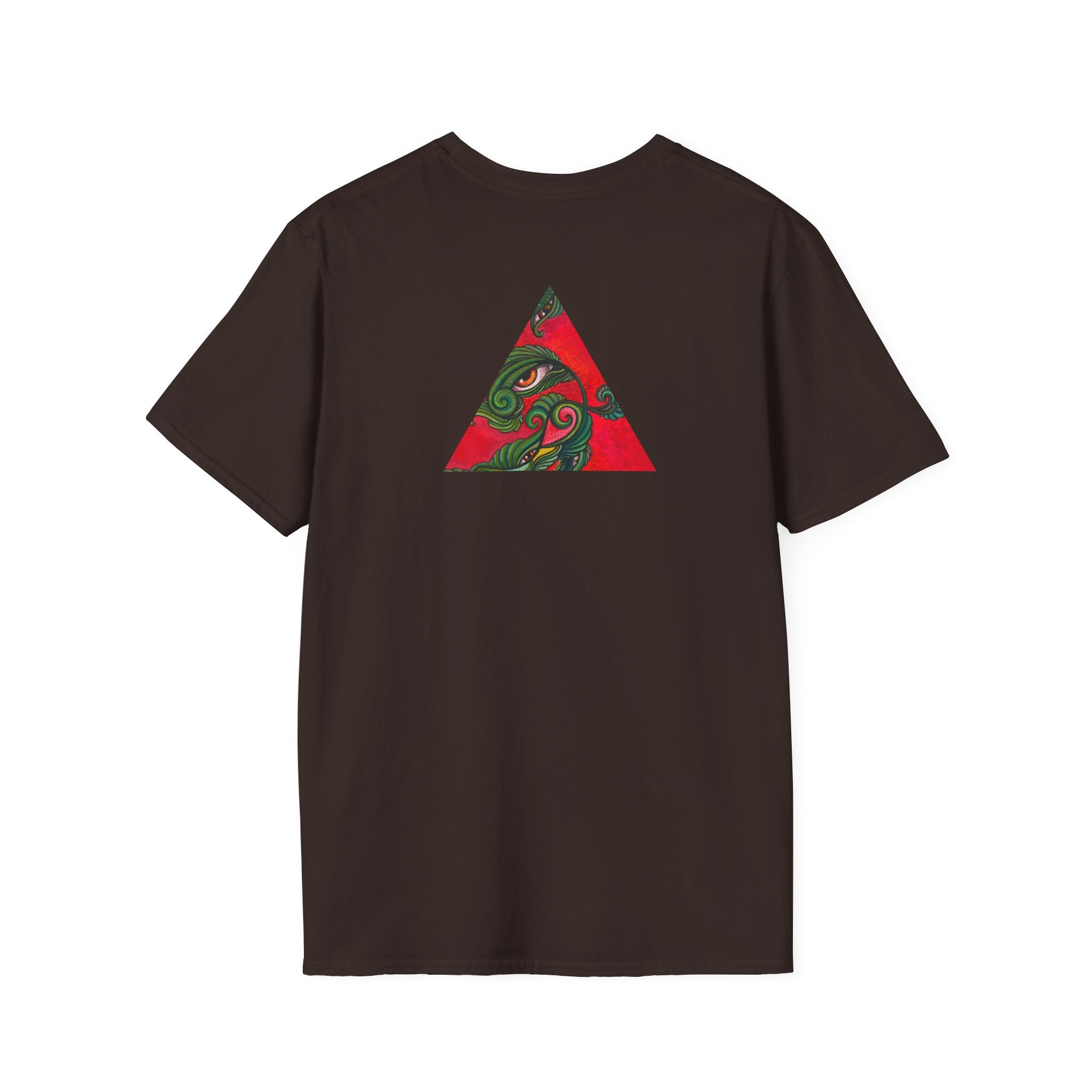 Geometric Tribal Eye Tee — Abstract Red & Green Triangle Graphic T-Shirt #sx432177